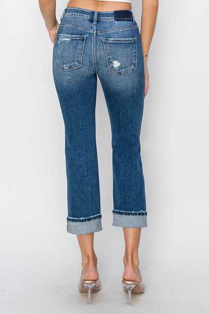 Risen Cuffed Ankle Distressed Straight Jeans
