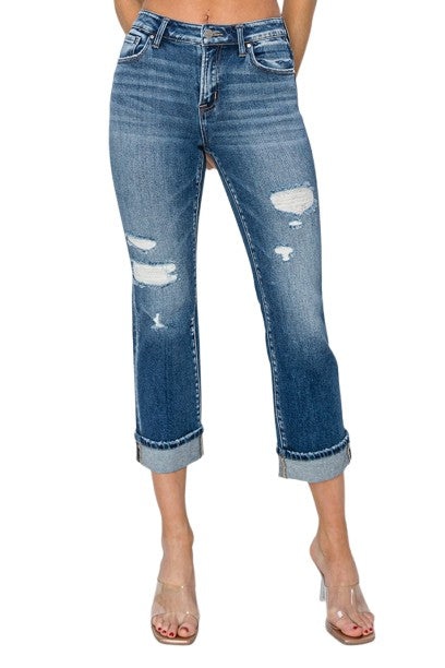 Risen Cuffed Ankle Distressed Straight Jeans