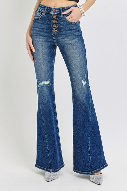 Risen Distressed Button-Fly Flare Jeans