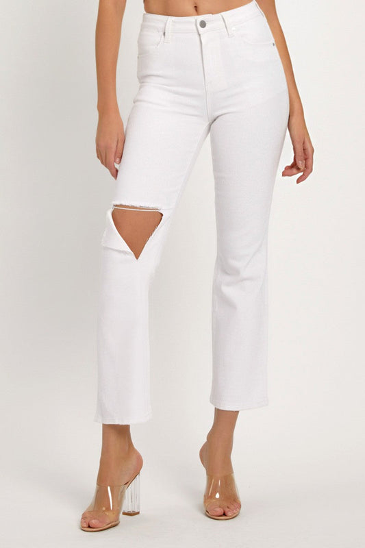 Risen Distressed Cropped Straight Jeans