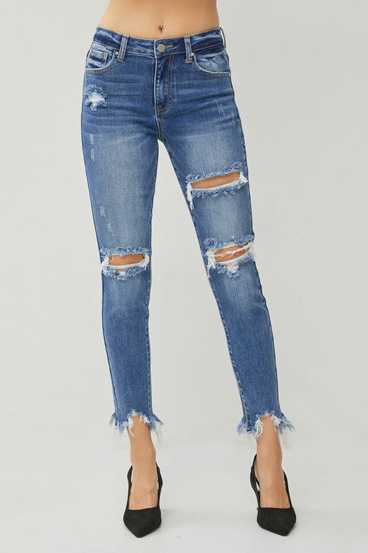 Risen Distressed Frayed Hem Slim Jeans