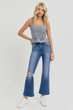 Risen Distressed High Rise Crop Flare Jeans