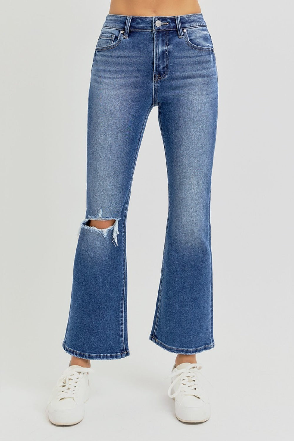 Risen Distressed High Rise Crop Flare Jeans
