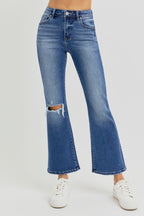 Risen Distressed High Rise Crop Flare Jeans