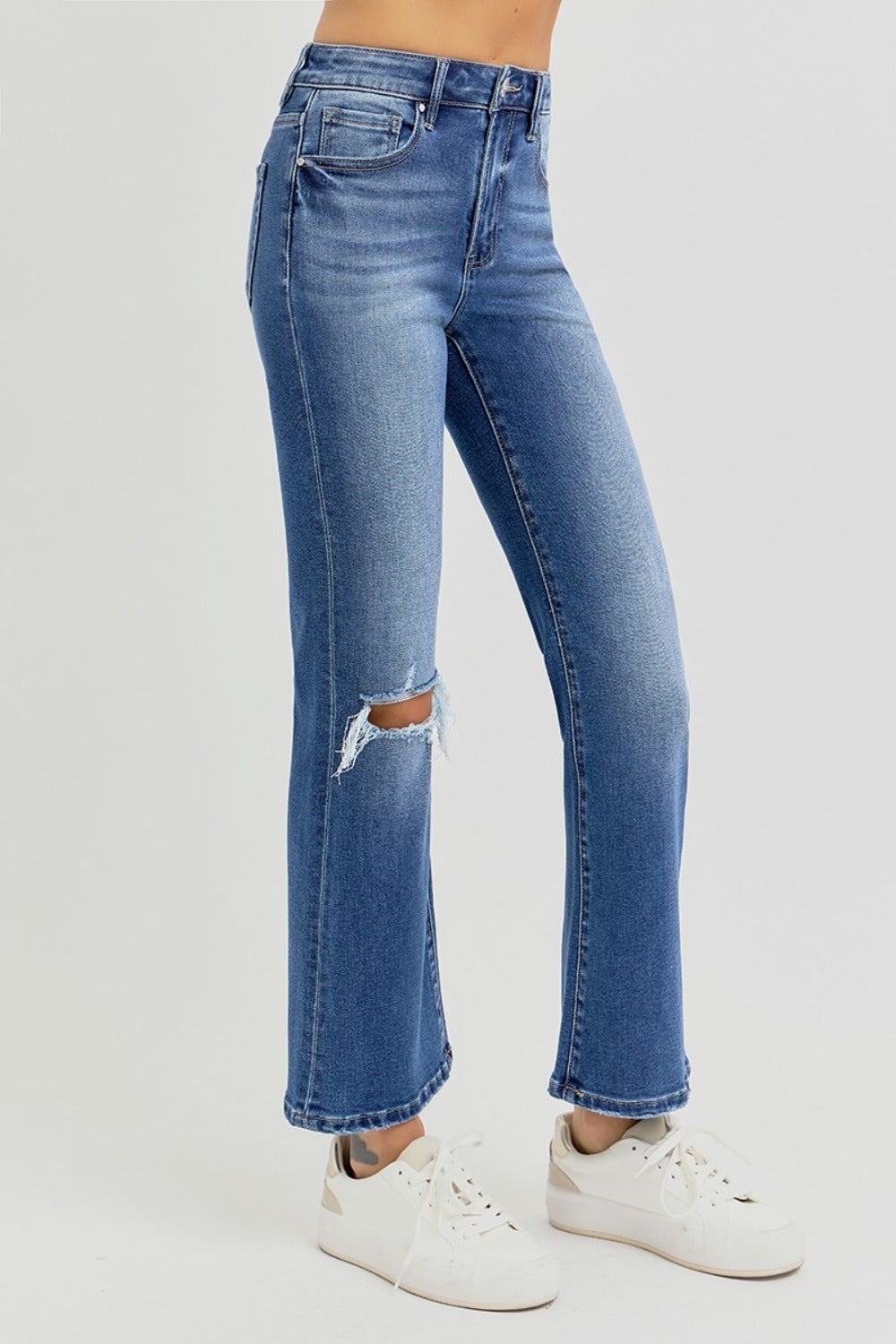 Risen Distressed High Rise Crop Flare Jeans