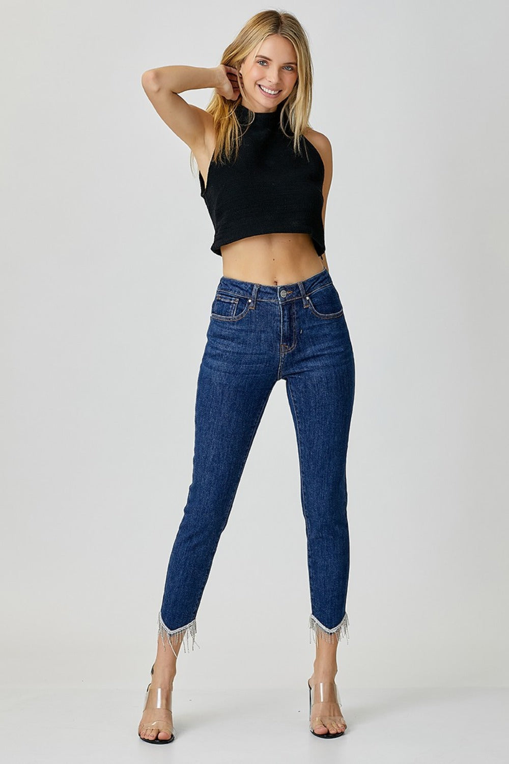 Risen Embellished Mid Rise Crop Skinny Jeans