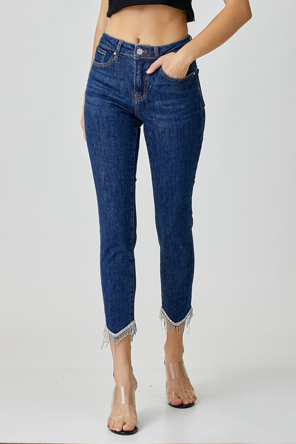 Risen Embellished Mid Rise Crop Skinny Jeans