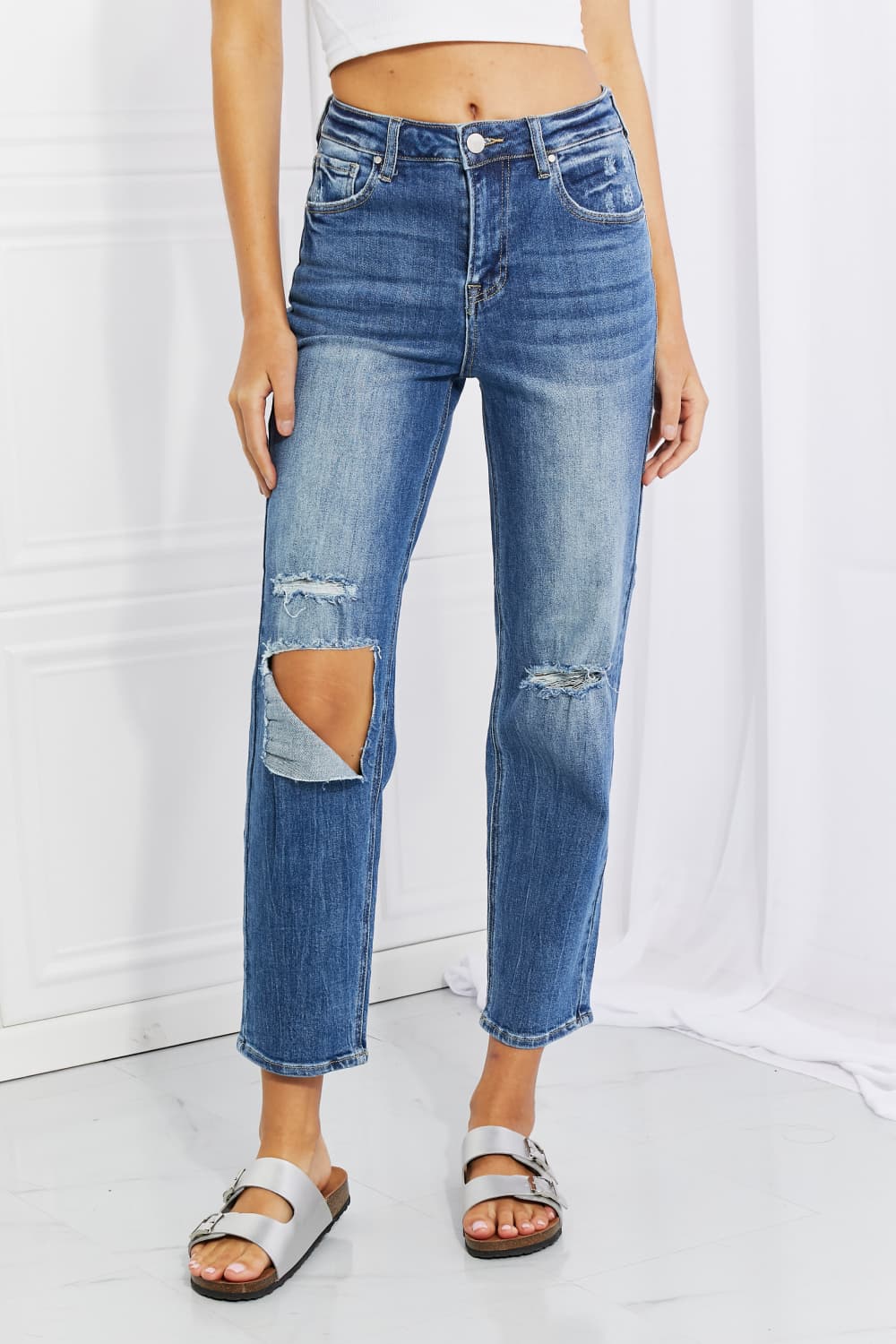 Risen Emily High Rise Relaxed Distressed Cropped Jeans