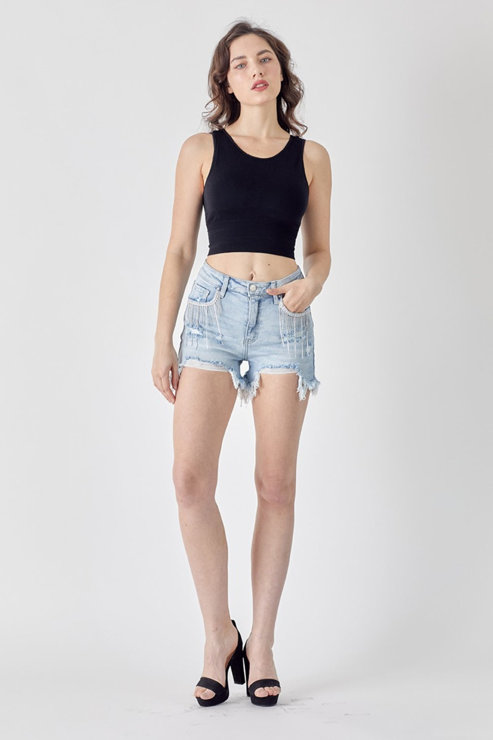 Risen Frayed Hem Denim Shorts with Fringe Detail Pockets
