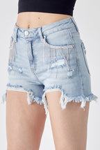 Risen Frayed Hem Denim Shorts with Fringe Detail Pockets