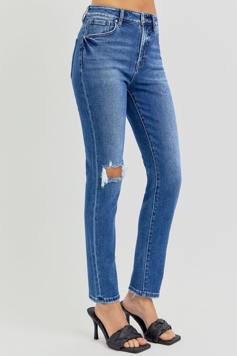 Risen High Rise Ankle Skinny Knee Distressed Jeans