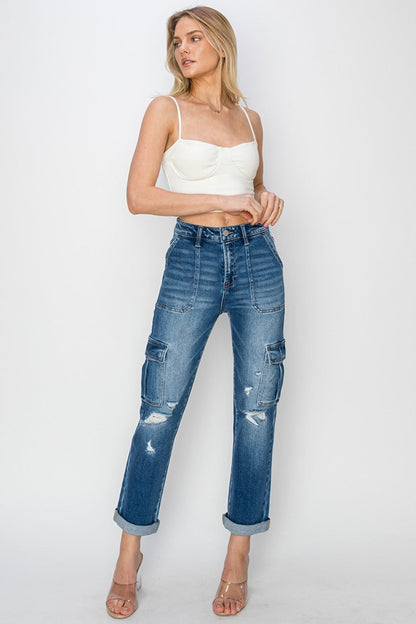 Risen High Rise Cargo Ankle Roll Up Straight Jeans