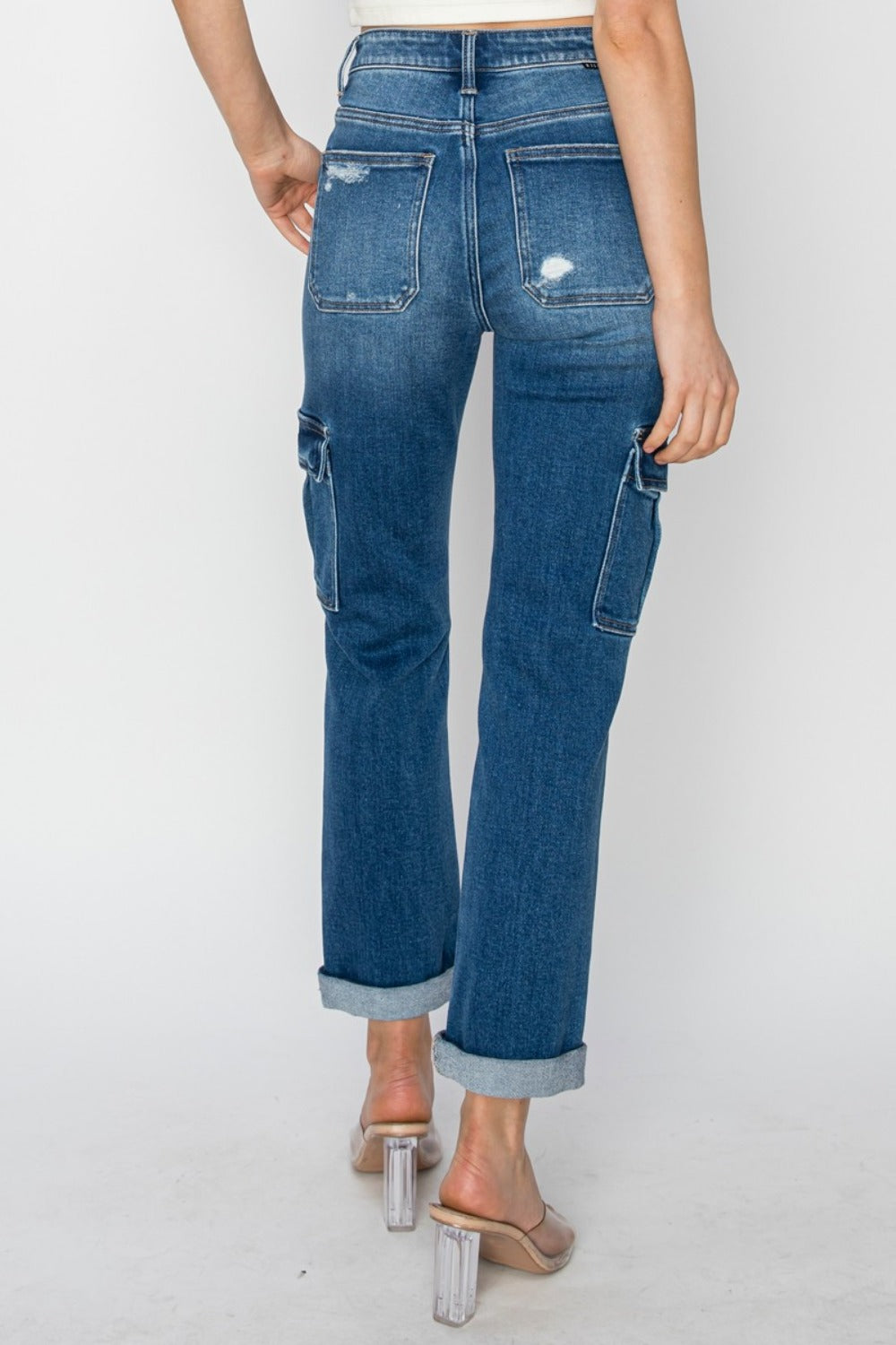 Risen High Rise Cargo Ankle Roll Up Straight Jeans
