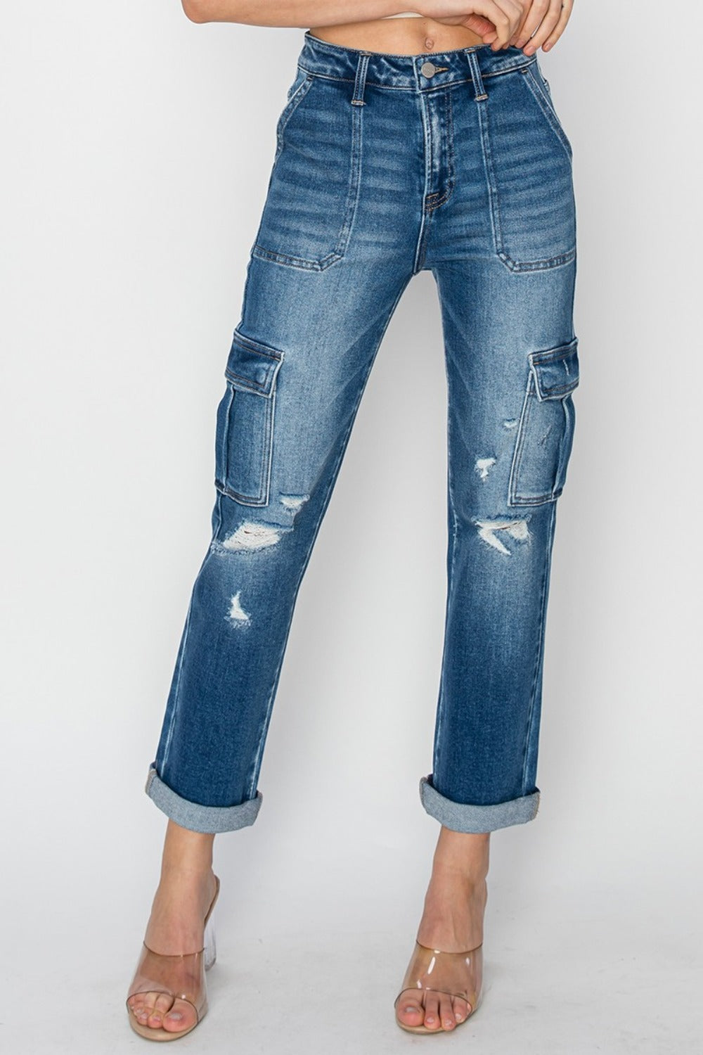 Risen High Rise Cargo Ankle Roll Up Straight Jeans