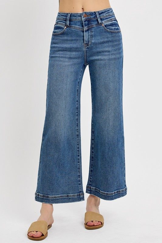 Risen High Rise Crop Wide Leg Front Yoke Detail Jeans