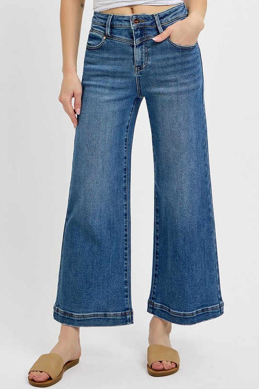 Risen High Rise Crop Wide Leg Front Yoke Detail Jeans