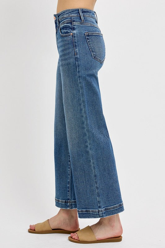 Risen High Rise Crop Wide Leg Front Yoke Detail Jeans
