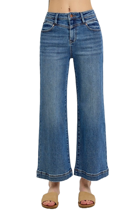 Risen High Rise Crop Wide Leg Front Yoke Detail Jeans