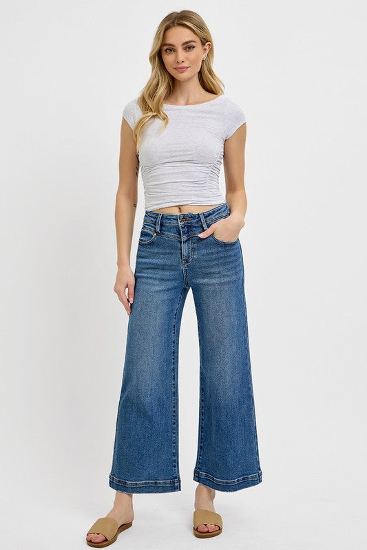 Risen High Rise Crop Wide Leg Front Yoke Detail Jeans