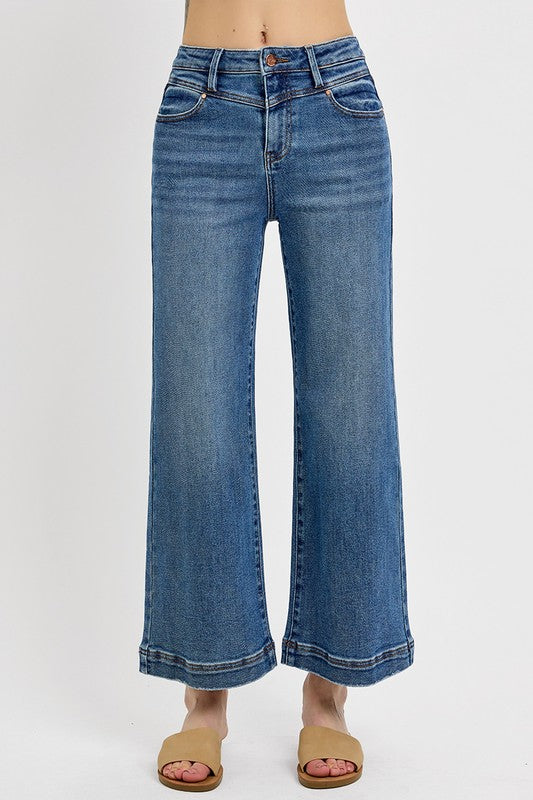 Risen High Rise Crop Wide Leg Front Yoke Detail Jeans