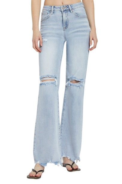 Risen High Rise Distressed Wide Leg Jeans