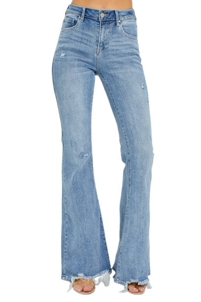 Risen High Rise Frayed Hem Flare Jeans