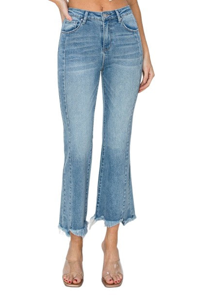 Risen High Rise Frayed Hem Flare Jeans