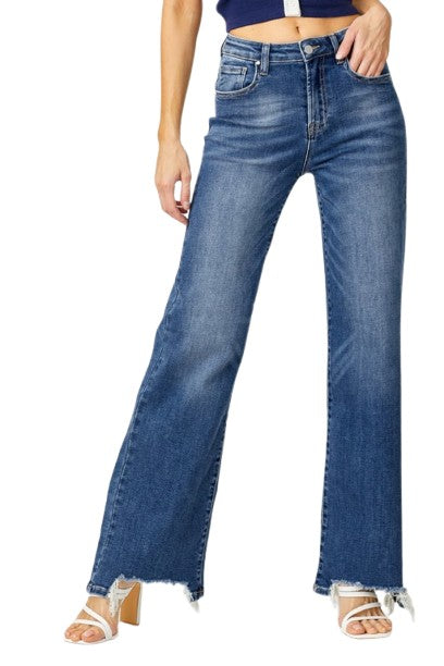 Risen High Rise Frayed Hem Wide Leg Jeans
