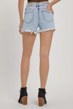 Risen High Rise Rhinestone Strap Embellished Denim Shorts