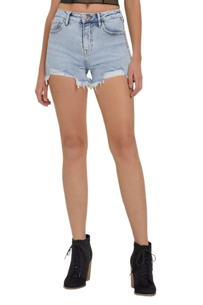 Risen High Rise Rhinestone Strap Embellished Denim Shorts