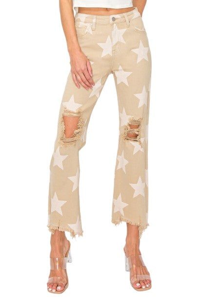 Risen High Rise Star Printed Frayed Hem Jeans