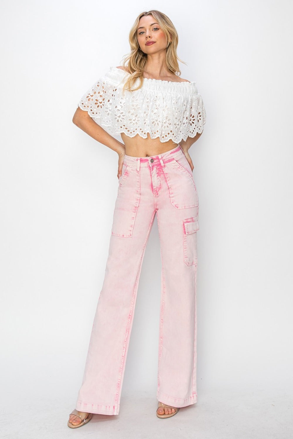 Risen High Rise Wide Leg Cargo Pocket Jeans