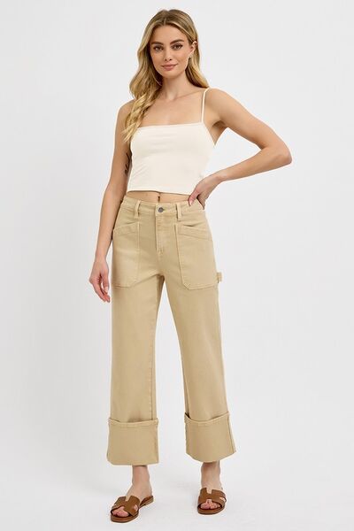 Risen High Rise Wide Straight Cuffed Patch Jeans