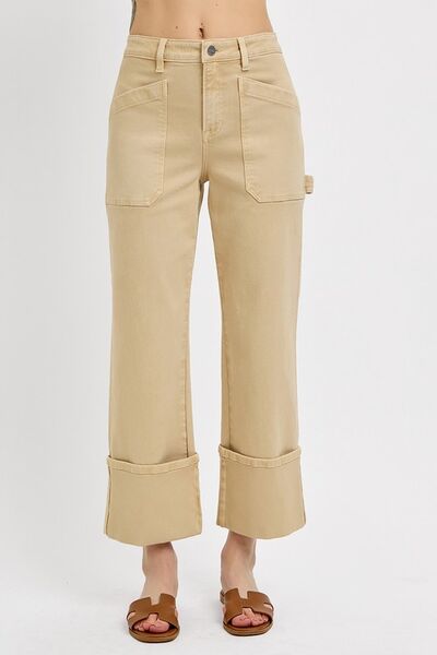 Risen High Rise Wide Straight Cuffed Patch Jeans
