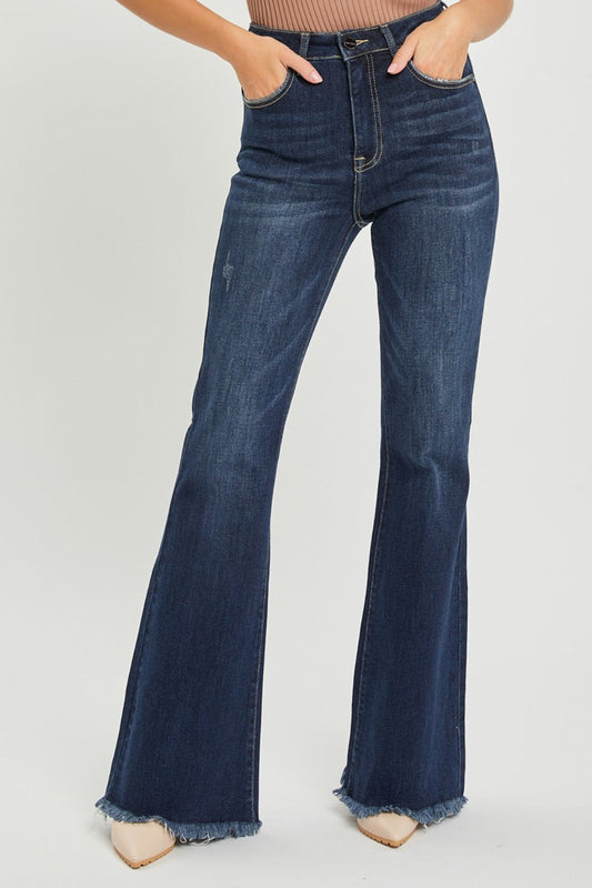 Risen High Waist Raw Hem Flare Jeans