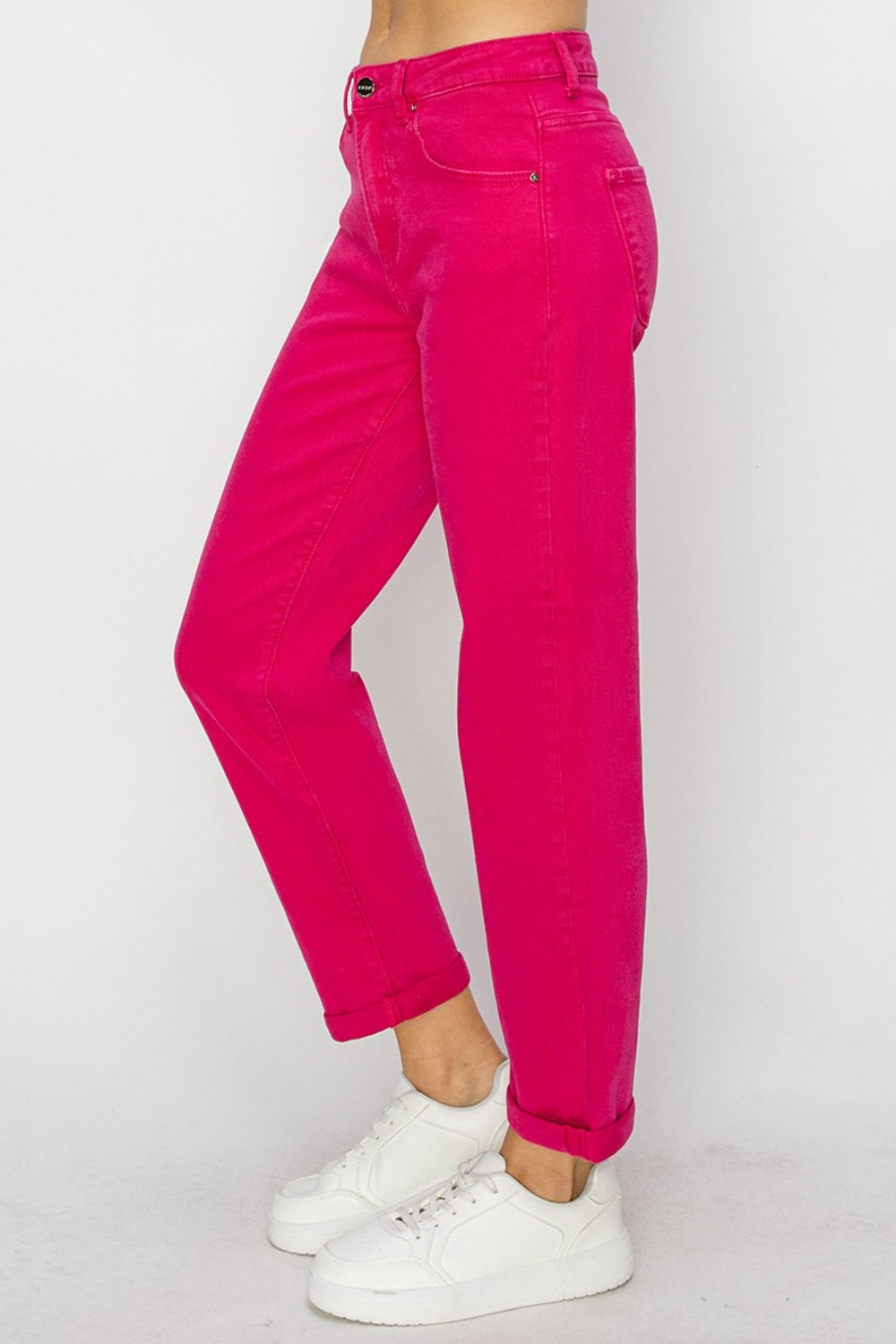 Risen High Waist Rolled Hem Straight Jeans