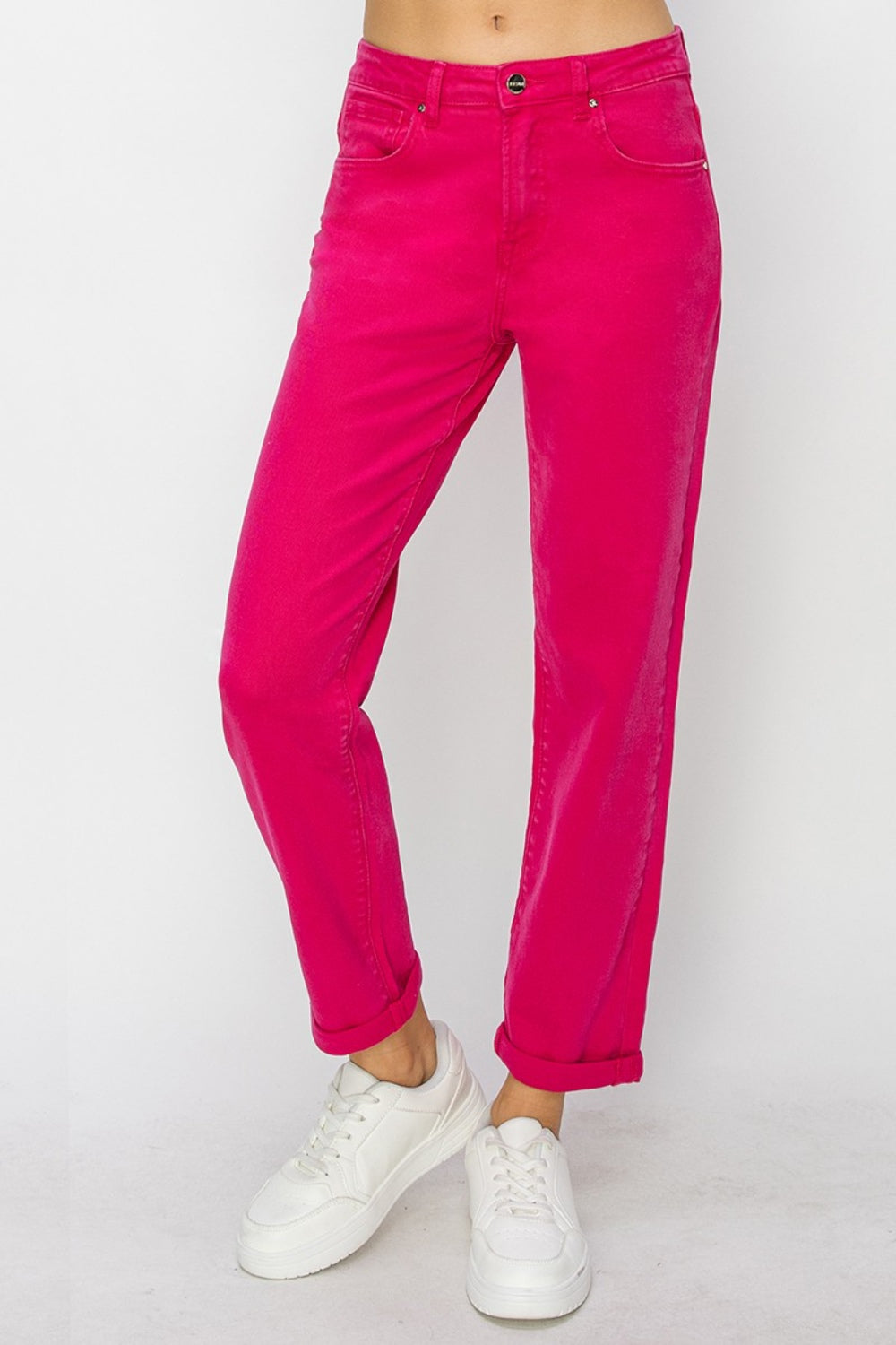 Risen High Waist Rolled Hem Straight Jeans