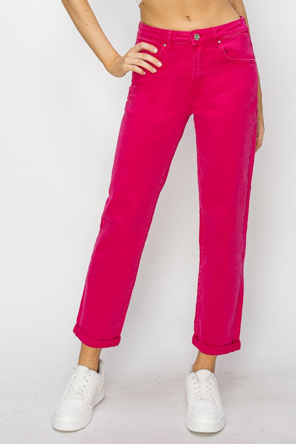 Risen High Waist Rolled Hem Straight Jeans