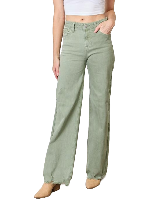 Risen High Waisted Raw Hem Wide Leg Jeans with Pockets