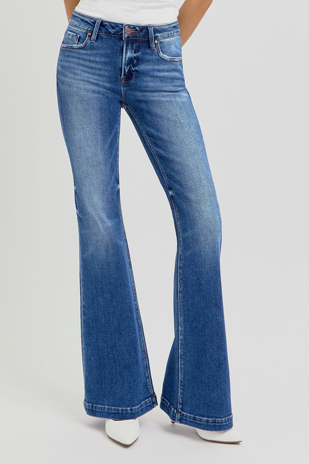 Risen Low Rise Flare Jeans with Pockets