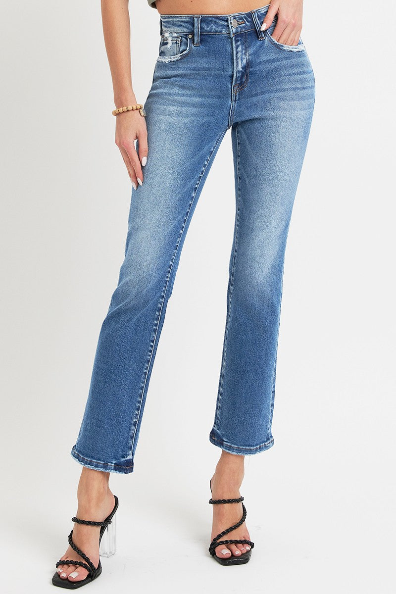 Risen Mid Rise Ankle Straight Jeans with Pockets