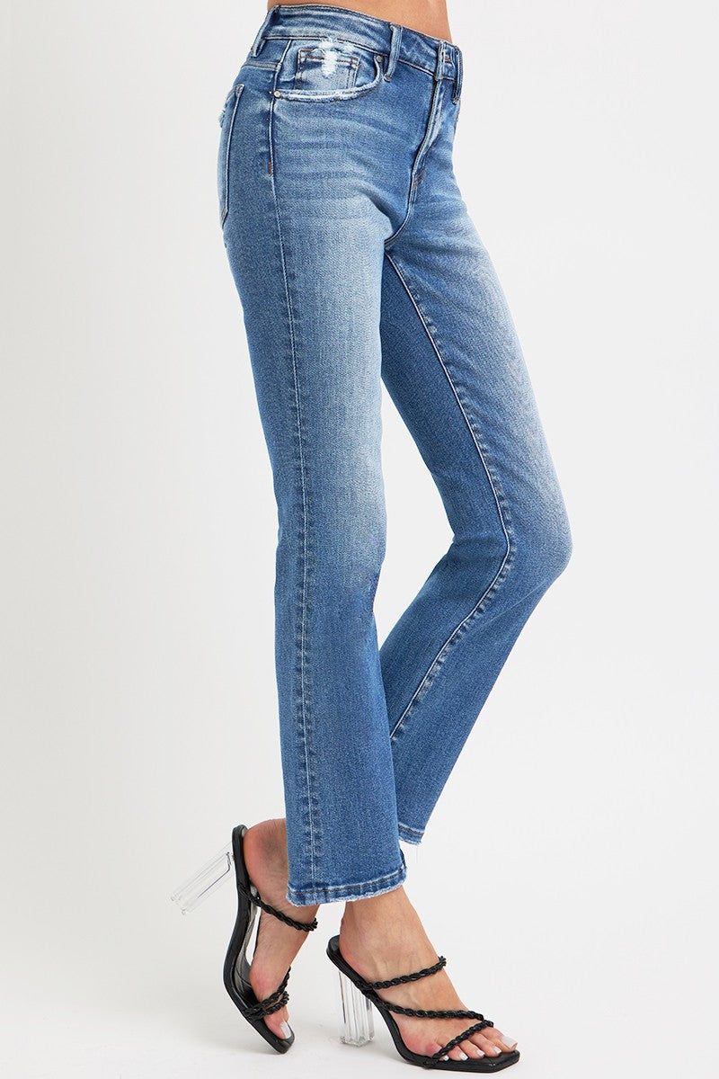Risen Mid Rise Ankle Straight Jeans with Pockets