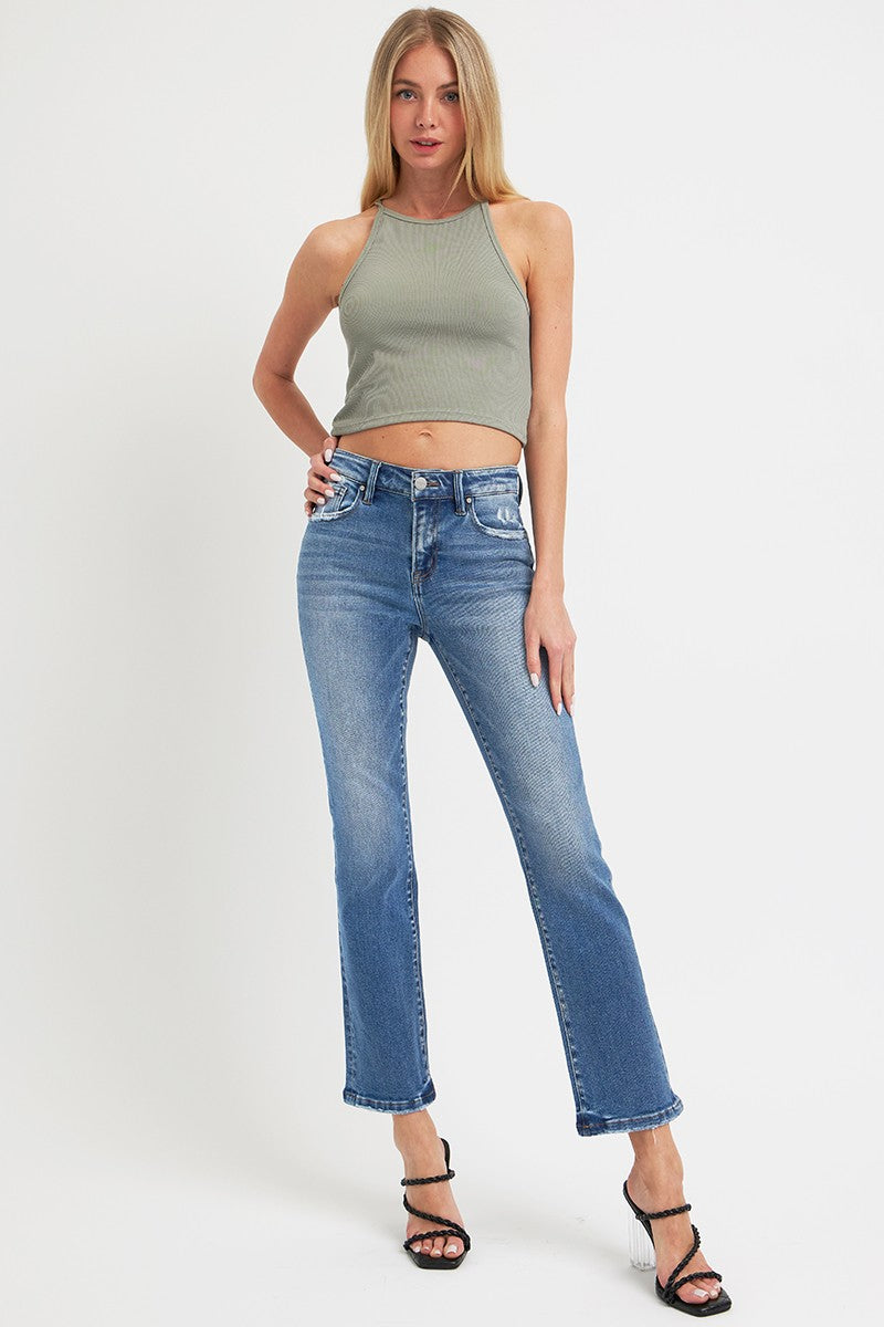 Risen Mid Rise Ankle Straight Jeans with Pockets