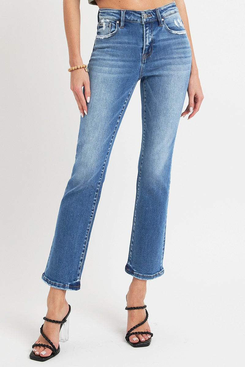 Risen Mid Rise Ankle Straight Jeans with Pockets