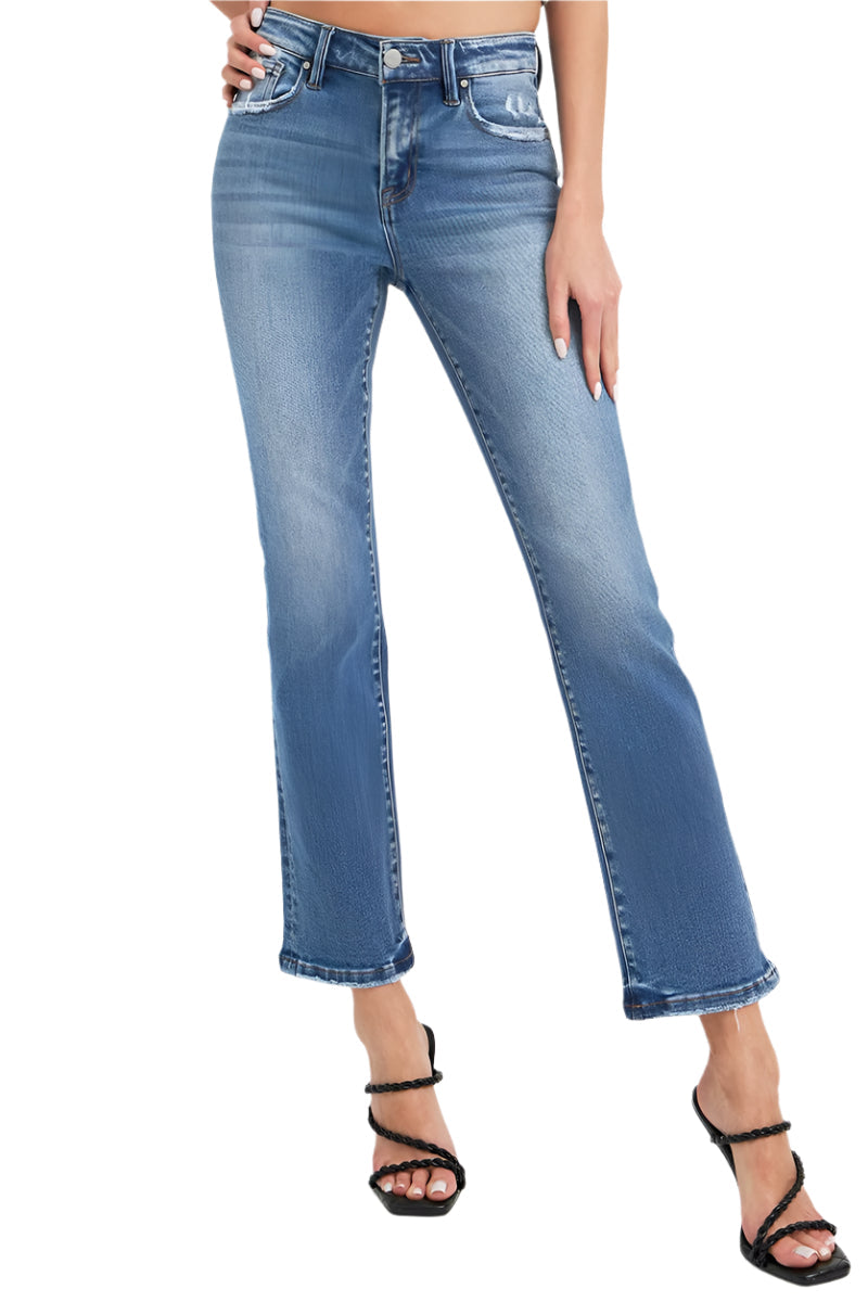 Risen Mid Rise Ankle Straight Jeans with Pockets