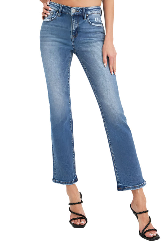 Risen Mid Rise Ankle Straight Jeans with Pockets