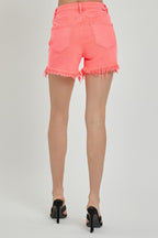 Risen Raw Hem Asymmetrical Waist Denim Shorts