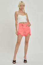 Risen Raw Hem Asymmetrical Waist Denim Shorts