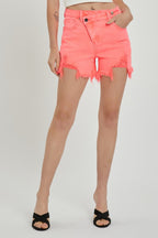 Risen Raw Hem Asymmetrical Waist Denim Shorts