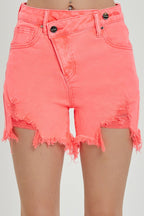 Risen Raw Hem Asymmetrical Waist Denim Shorts